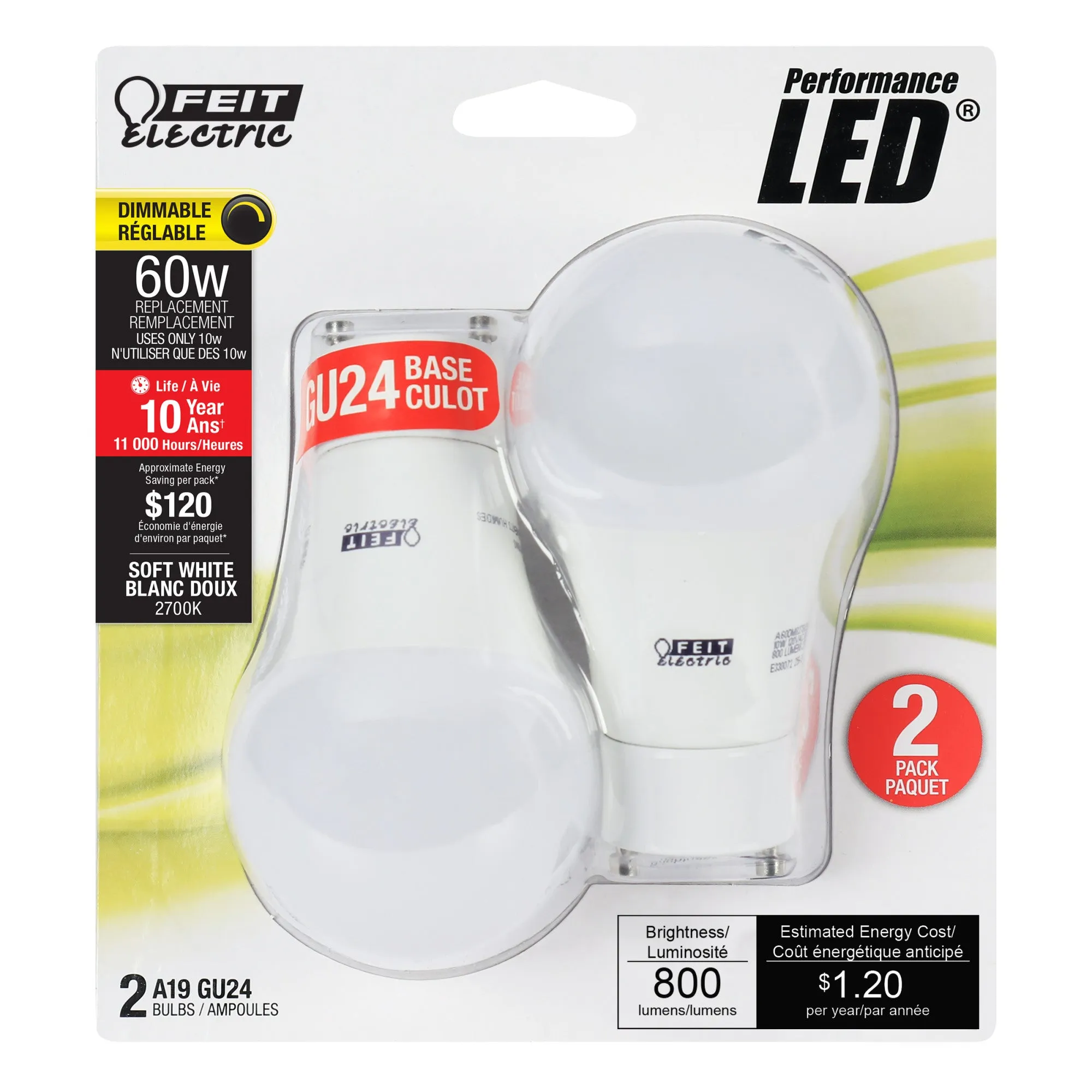 10W (60W Replacement) Soft White (2700K) GU24 Base A19 Dimmable General Purpose LED Bulb (2-Pack)