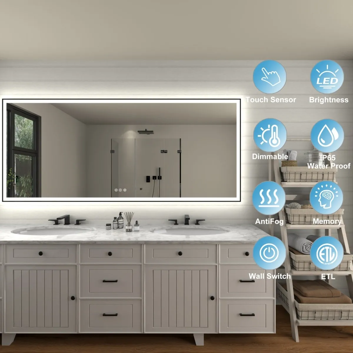Apex-Noir 88"x38" Framed LED Lighted Bathroom Mirror