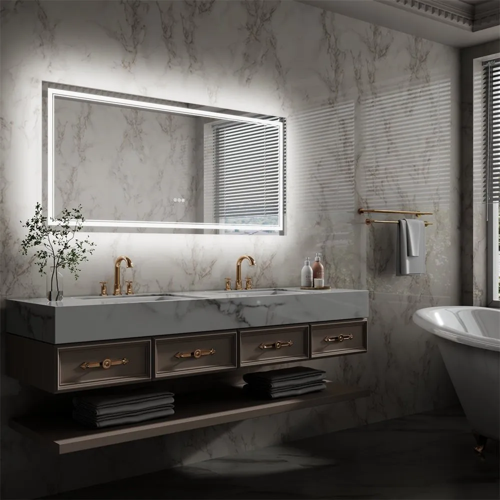 Linea 60" W x 28" H LED Heated Bathroom Mirror,Anti Fog,Dimmable,Front-Lighted and Backlit, Tempered Glass