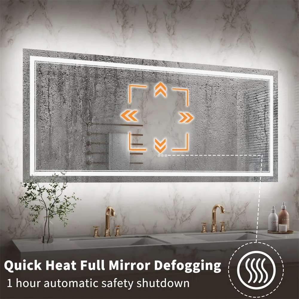 Linea 72" W x 32" H LED Heated Bathroom Mirror,Anti Fog,Dimmable,Front-Lighted and Backlit, Tempered Glass