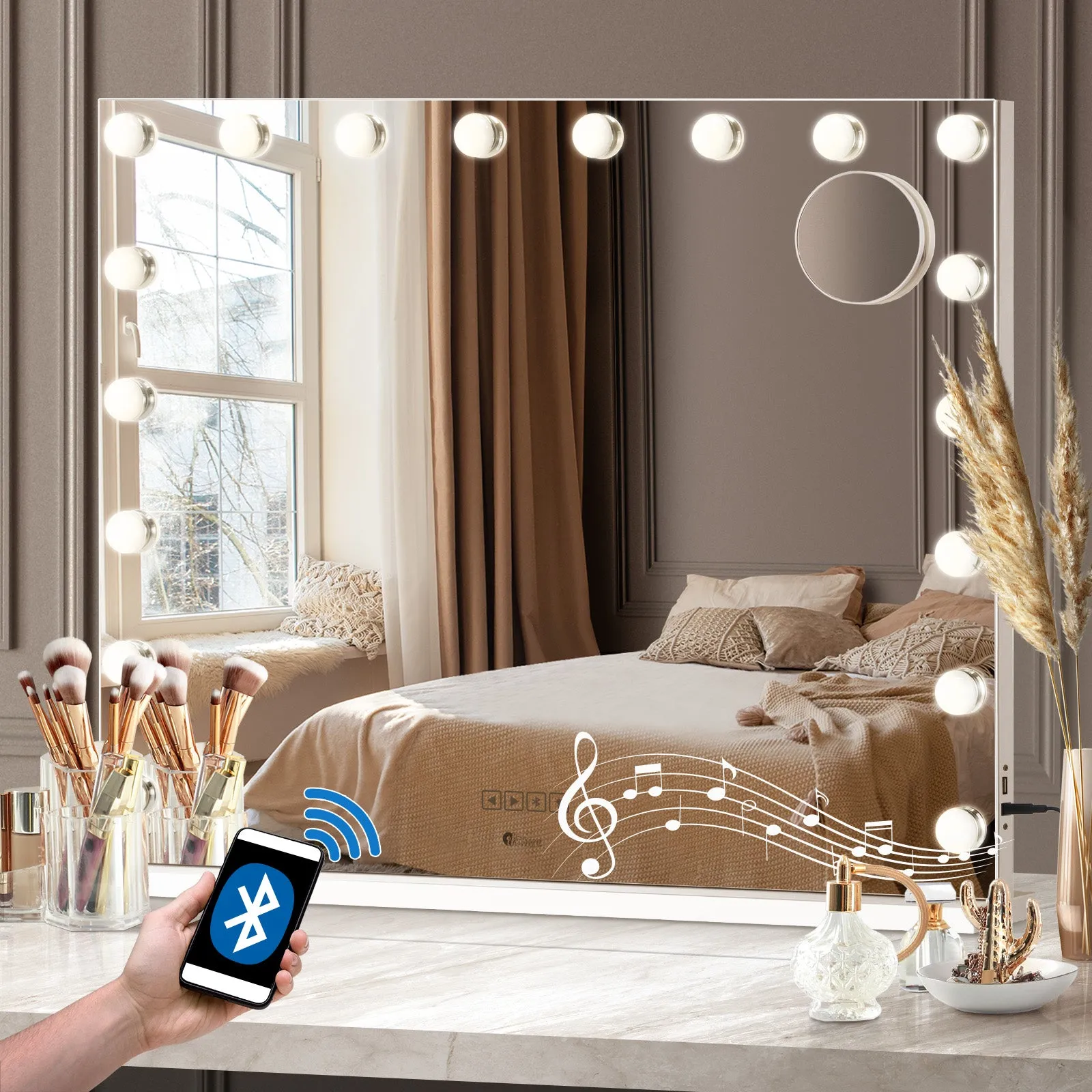 Oikiture Bluetooth Hollywood Makeup Mirrors with LED Light 80x58cm Vanity Mirror