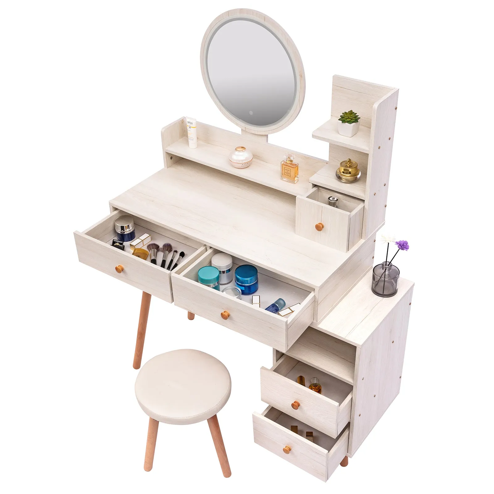 Stylish Vanity Table   Cushioned Stool, Touch Control LED Mirror, Large Capacity Storage Cabinet, 5 Drawers, Fashionable Makeup Furniture, Length Adjustable(L31.5"-43.2"x W15.8" x H48.1")